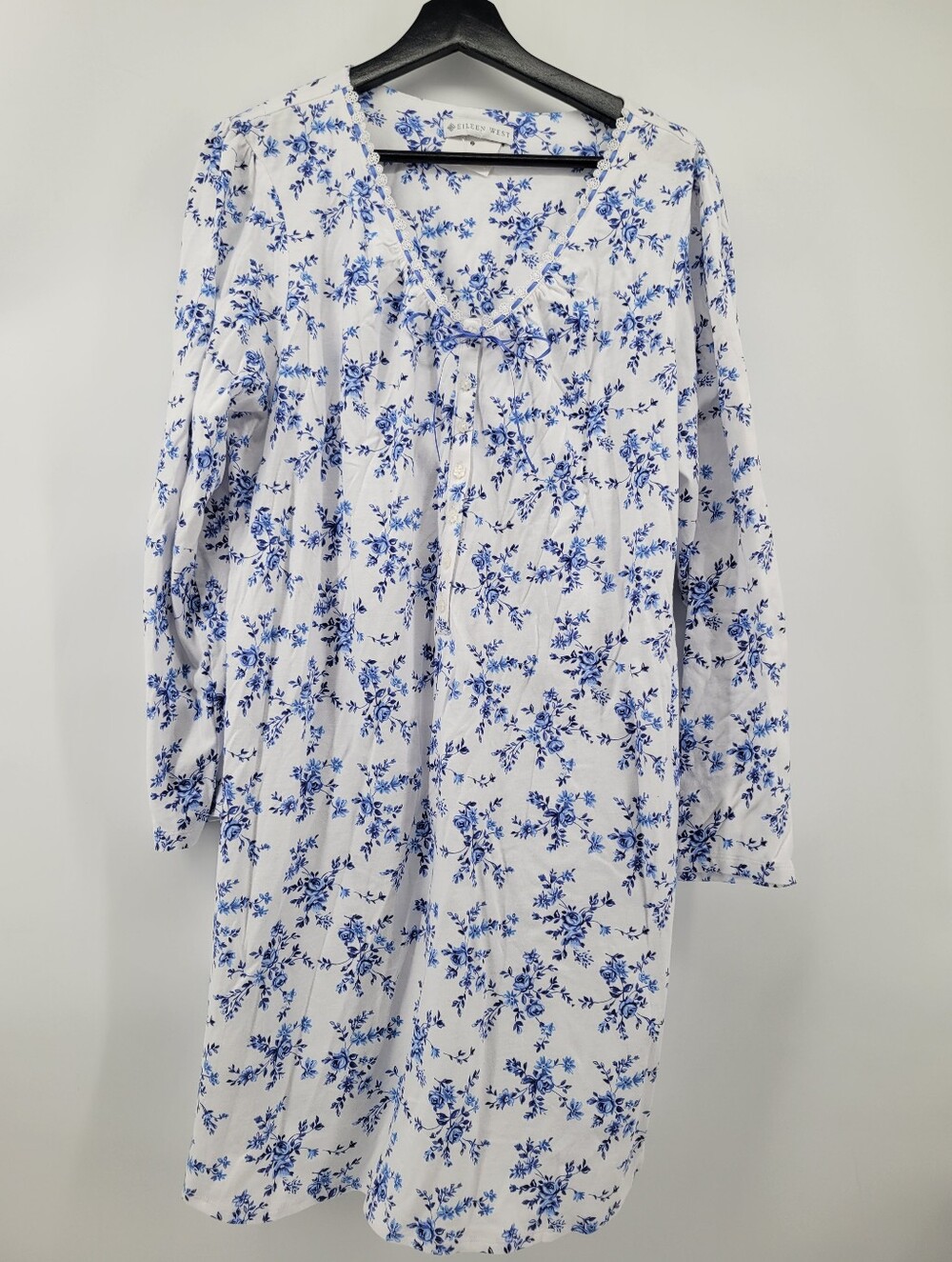 Eileen West Long Sleeve Cotton Nightgown blue floral print on a white XL